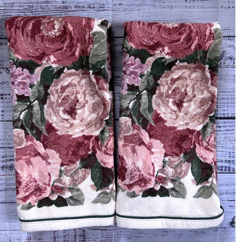 Croscill Hand Towel Cream Floral Rose Grapes Cotton Terry Cloth 2 Piece Set